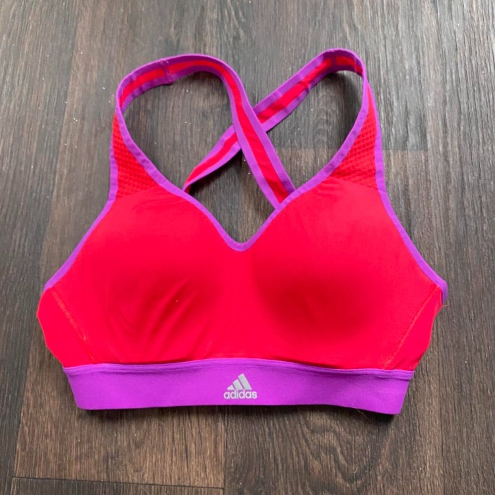 Super cute, bright, pink and purple Adidas SuperNova sports bra with padding